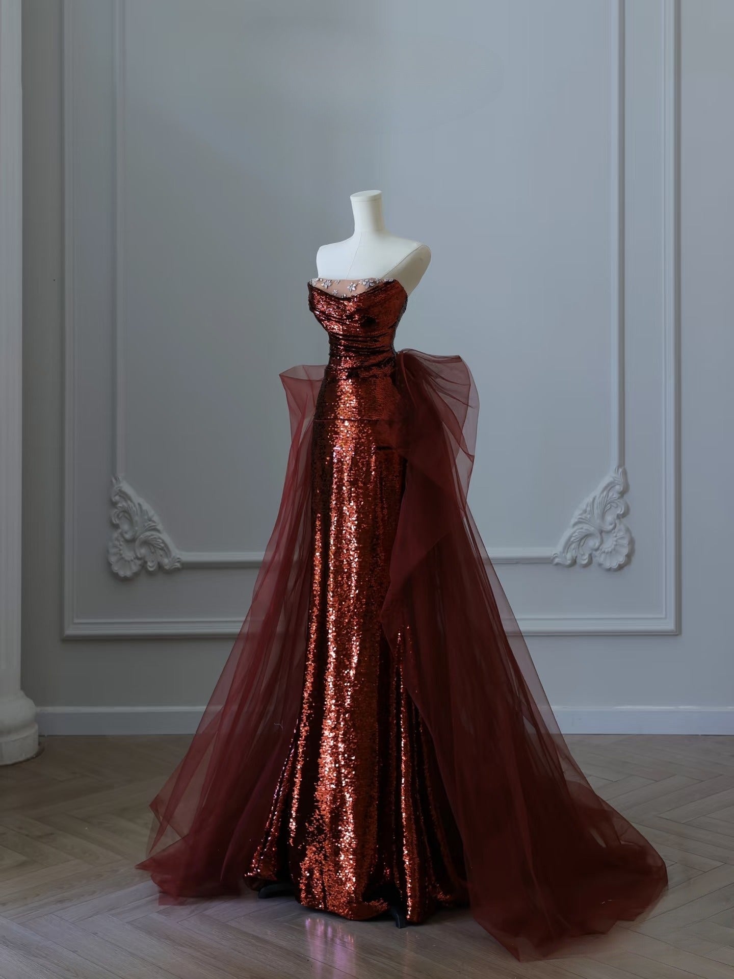 Classy Mermaid Strapless Burgundy Sequin Long Evening Dress Prom Dresses SD2492