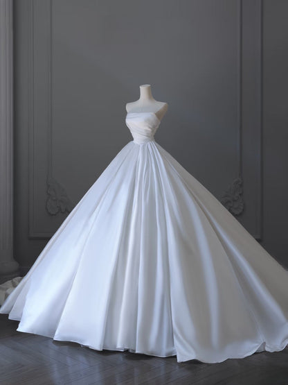 Timeless Ball Gown Strapless Satin White Long Wedding Dress Bridal Dresses