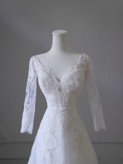 Timeless A line V Neckline Tulle White Lace Long Wedding Dress Bridal Dresses SD2503