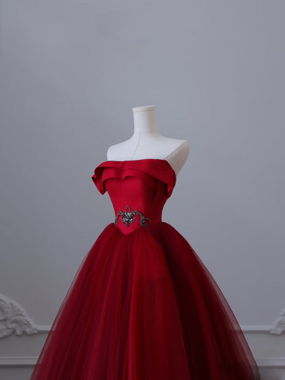 Classy Balll Gown Strapless Red Tulle Long Evening Dress Prom Dresses