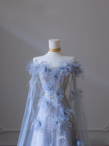 Classy Balll Gown Sweetheart Floral Blue Tulle Long Evening Dress Prom Dresses