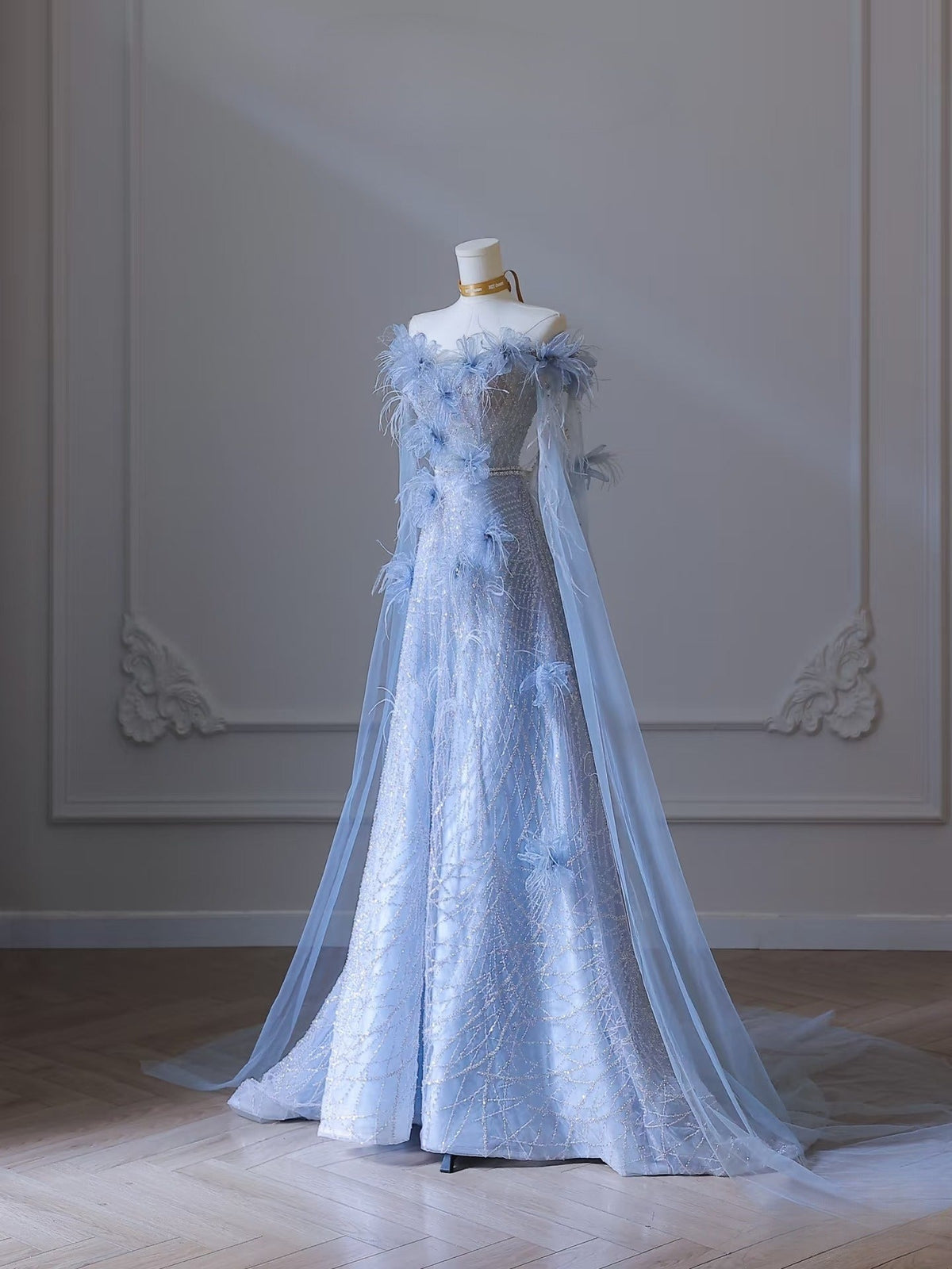 Classy Balll Gown Sweetheart Floral Blue Tulle Long Evening Dress Prom Dresses