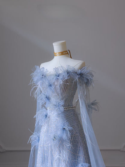 Classy Balll Gown Sweetheart Floral Blue Tulle Long Evening Dress Prom Dresses