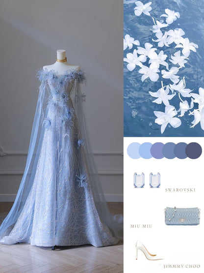 Classy Balll Gown Sweetheart Floral Blue Tulle Long Evening Dress Prom Dresses