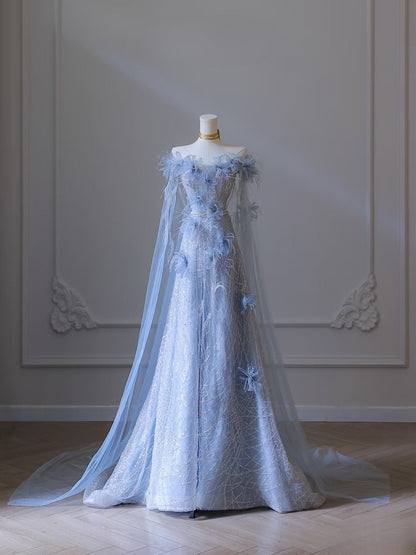 Classy Balll Gown Sweetheart Floral Blue Tulle Long Evening Dress Prom Dresses