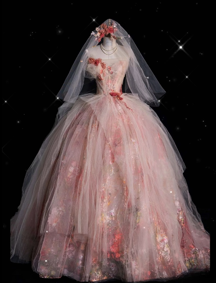 Classy Ball Gown Sweetheart Pink Floral Tulle Long Evening Dress Prom Dresses