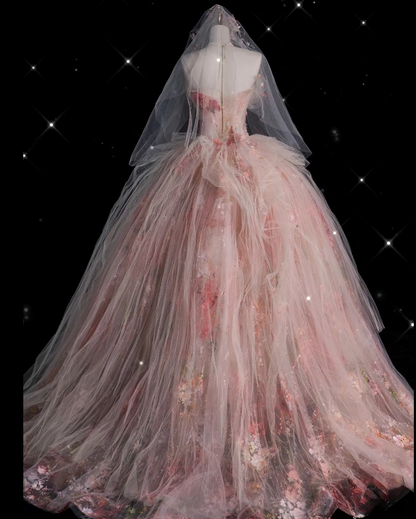 Classy Ball Gown Sweetheart Pink Floral Tulle Long Evening Dress Prom Dresses