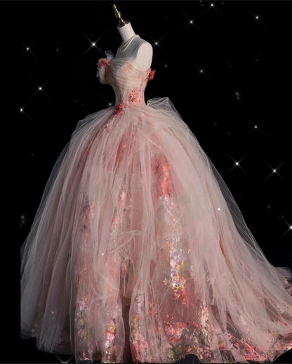 Classy Ball Gown Sweetheart Pink Floral Tulle Long Evening Dress Prom Dresses