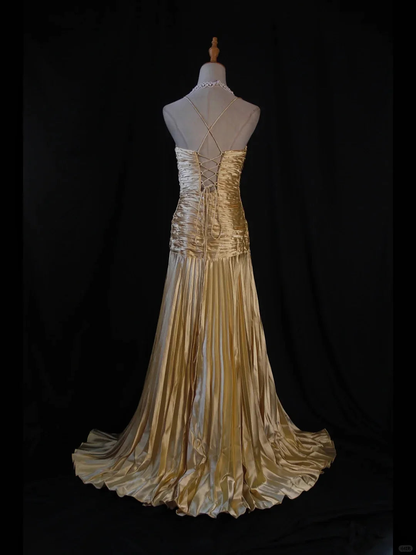Classy A Line Halter Gold Satin Beads Long Evening Dress Prom Dresses SD2701