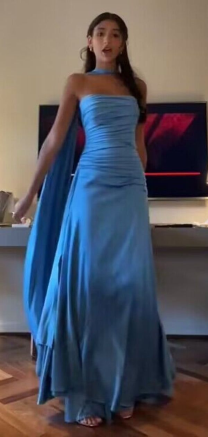 Classy Sheath Strapless With Ribbon Blue Ruffles Long Prom Dress SD2702