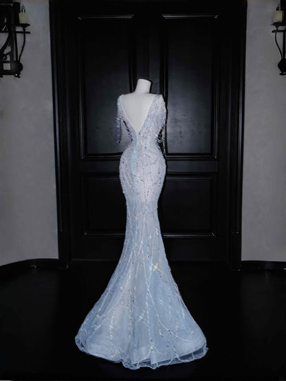 Gorgeous Mermaid V Neck Silver Beads  Long Prom Dress Party Dress Graduation Dresses DP2718