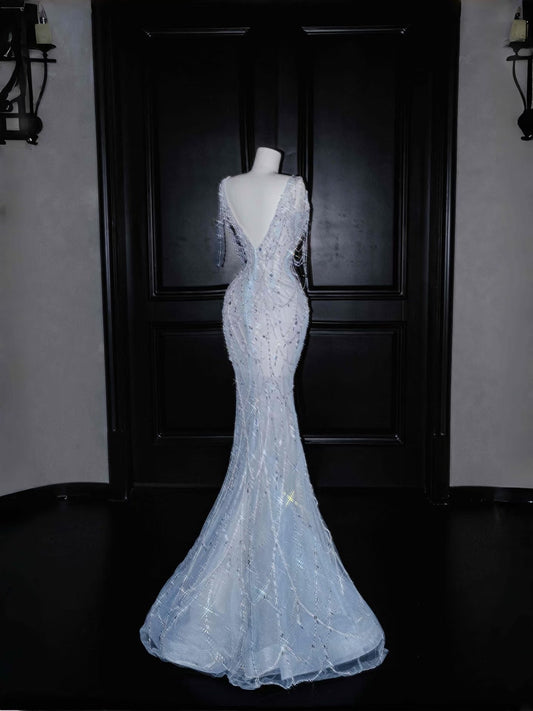 Gorgeous Mermaid V Neck Silver Beads  Long Prom Dress Party Dress Graduation Dresses DP2718