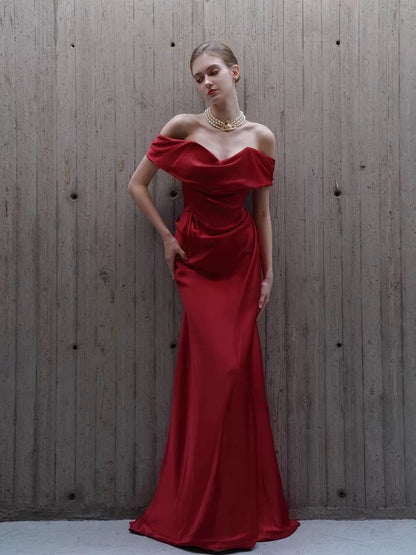 Classy Mermaid Off The Shoulder Red Satin Long Evening Gowns Prom Dress