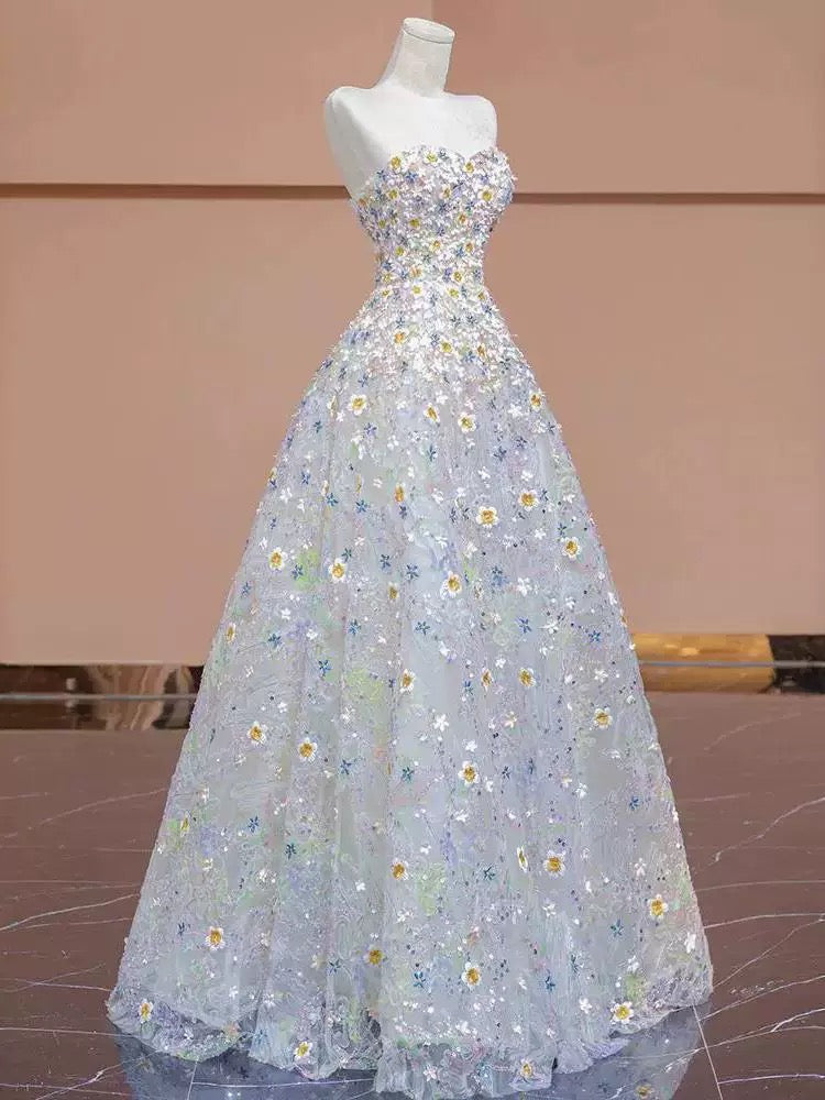 Gorgeous Balll Gown Sweetheart Floral Tulle Long Evening Dress Prom Dresses