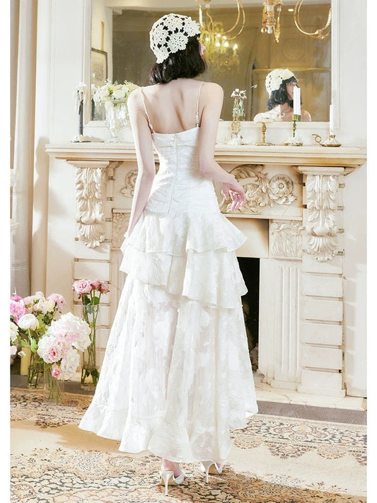 Pretty A Line High Low Ruffles Long Evening Dress Lace White Prom Dresses SD2750