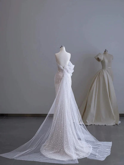 Classy Mermaid Spaghetti Straps White Sequin Long Wedding Dress Bridal Dresses SD2762
