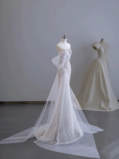 Classy Mermaid Spaghetti Straps White Sequin Long Wedding Dress Bridal Dresses SD2762