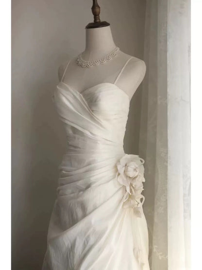 Classy Mermaid Spaghetti Straps White Satin Long Wedding Dress Bridal Dresses SD2764