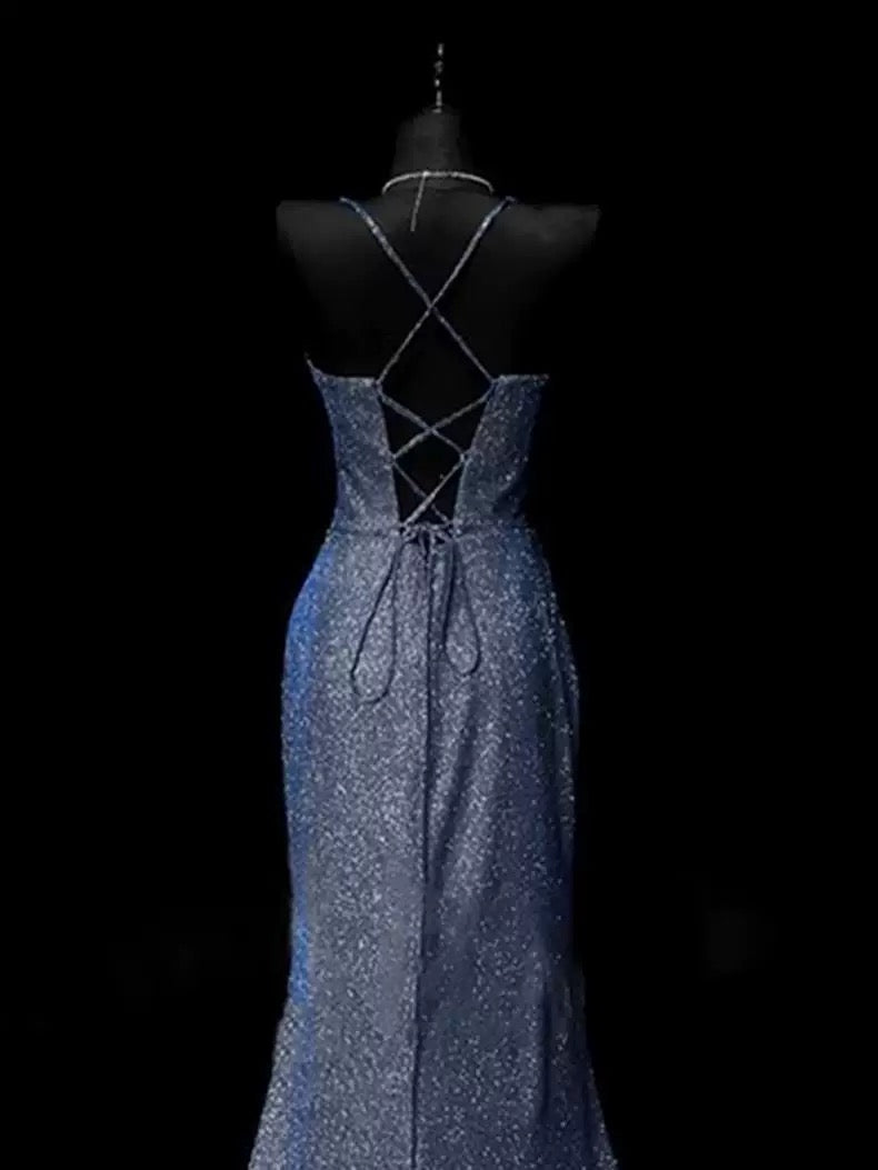 Classy Mermaid Spaghetti Straps Navy Blue Sequin Long Evening Gowns Prom Dress