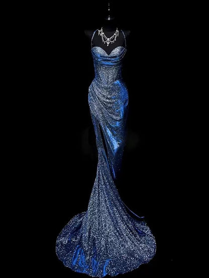 Classy Mermaid Spaghetti Straps Navy Blue Sequin Long Evening Gowns Prom Dress