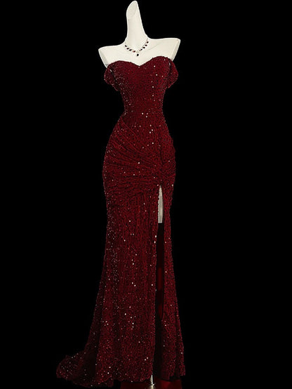 Classy Mermaid Sweetheart Red Slit Sequin Long Evening Gowns Prom Dress