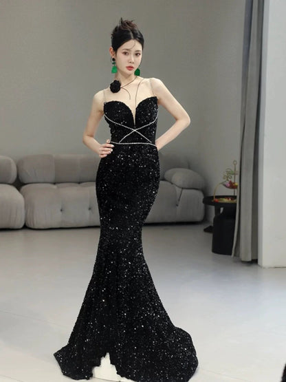 Classy Mermaid Spaghetti Straps Black Sequin Long Evening Gowns Prom Dress