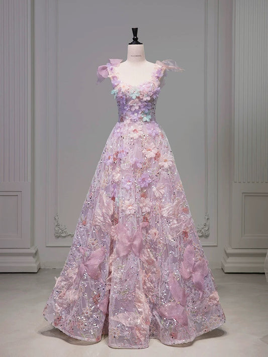 Pretty A Line Spaghetti Straps Pink Floral Long Length Evening Dress Prom Dresses SD2773