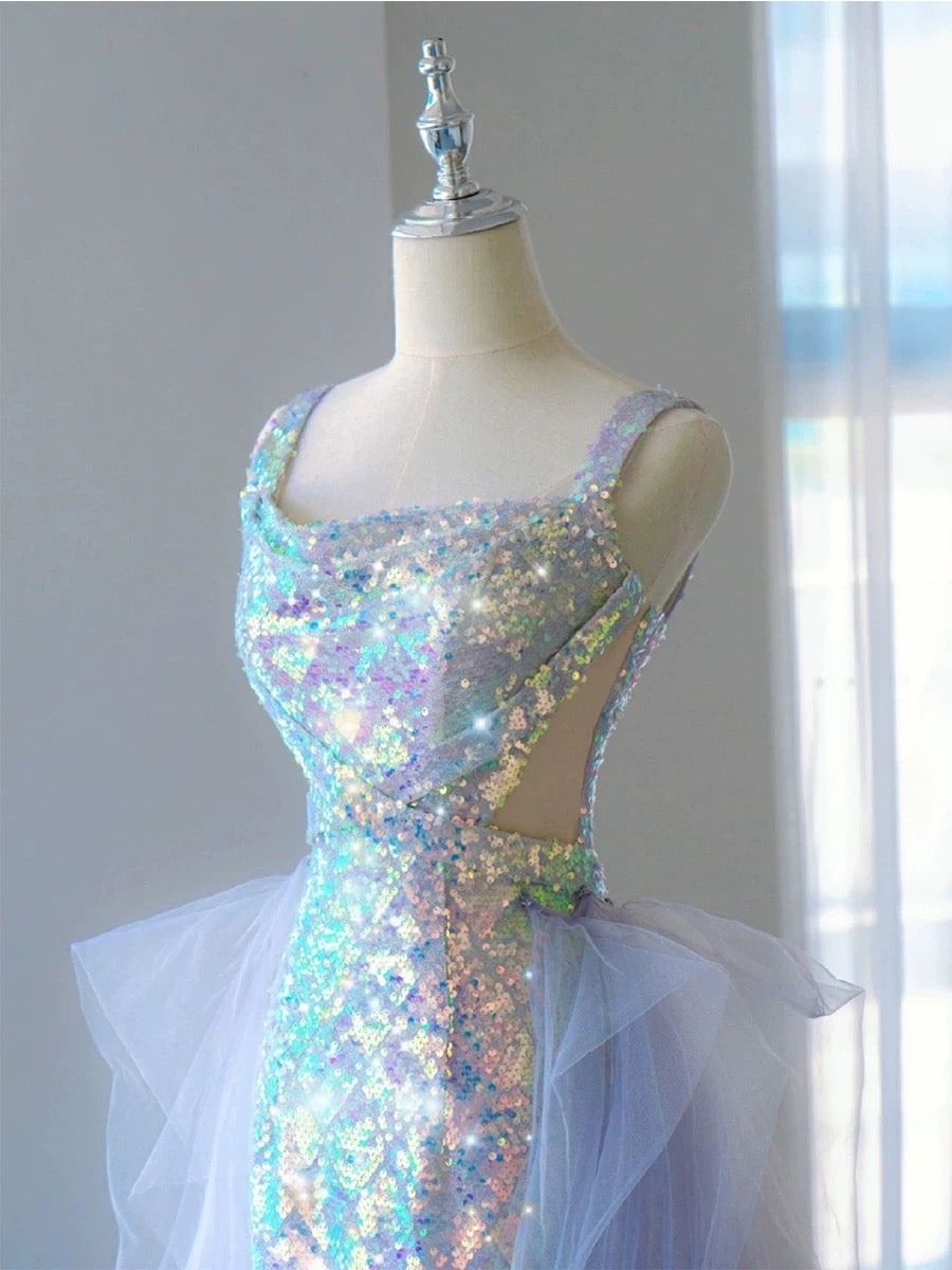 Pretty Mermaid Square Neckline Sequin Long Evening Dress Prom Dresses SD2775