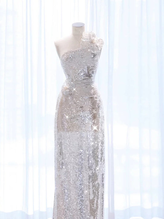 Pretty A Line One Shoulder Silver Sequin Long Length Evening Dress Prom Dresses SD2777