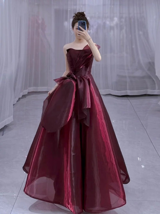 Pretty Ball Gown Strapless Burgundy Organza Long Length Evening Dress Prom Dresses