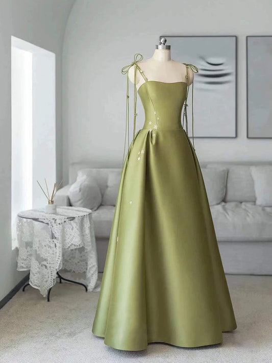 Pretty Ball Gown Straps Sage Green Satin Long Length Evening Dress Prom Dresses