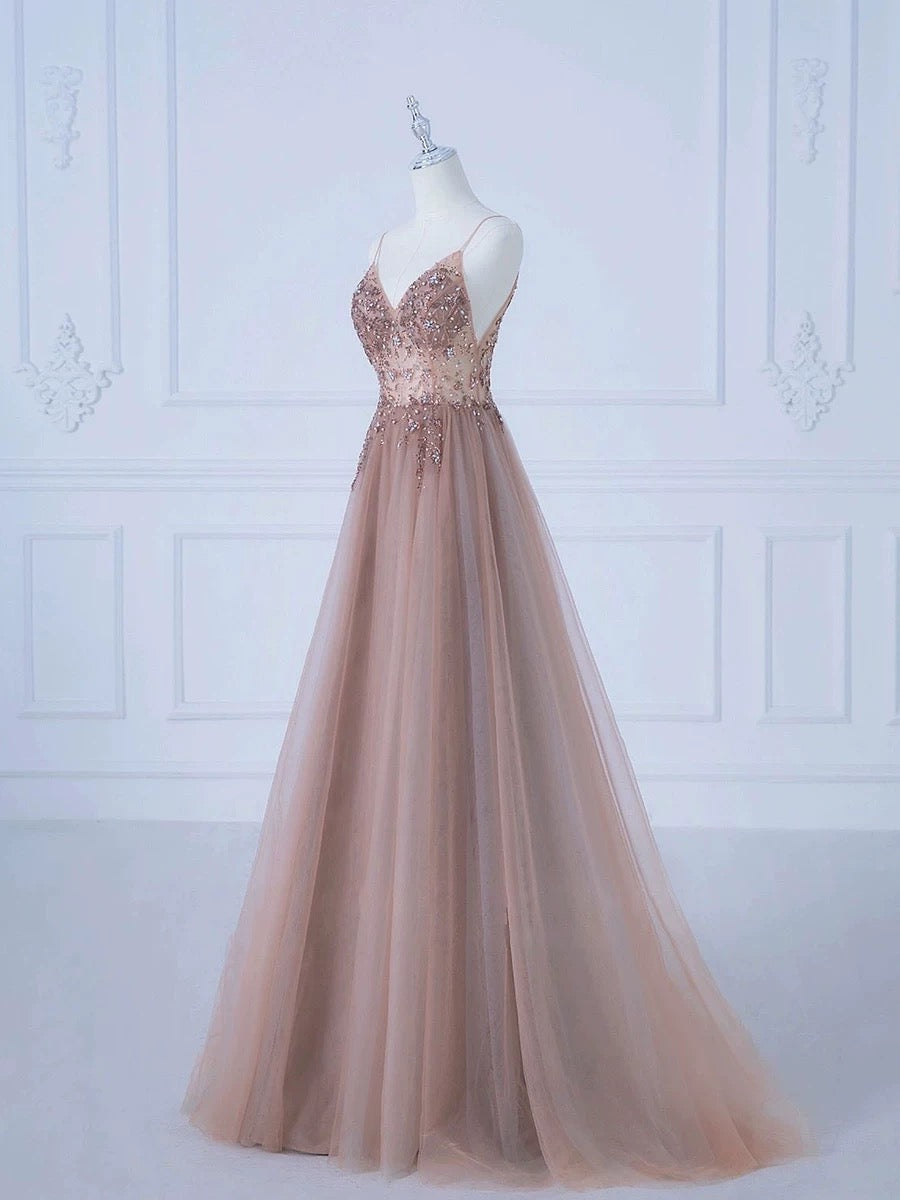 Pretty A line Spaghetti Straps Tulle Long Length Evening Dress Prom Dresses SD2783