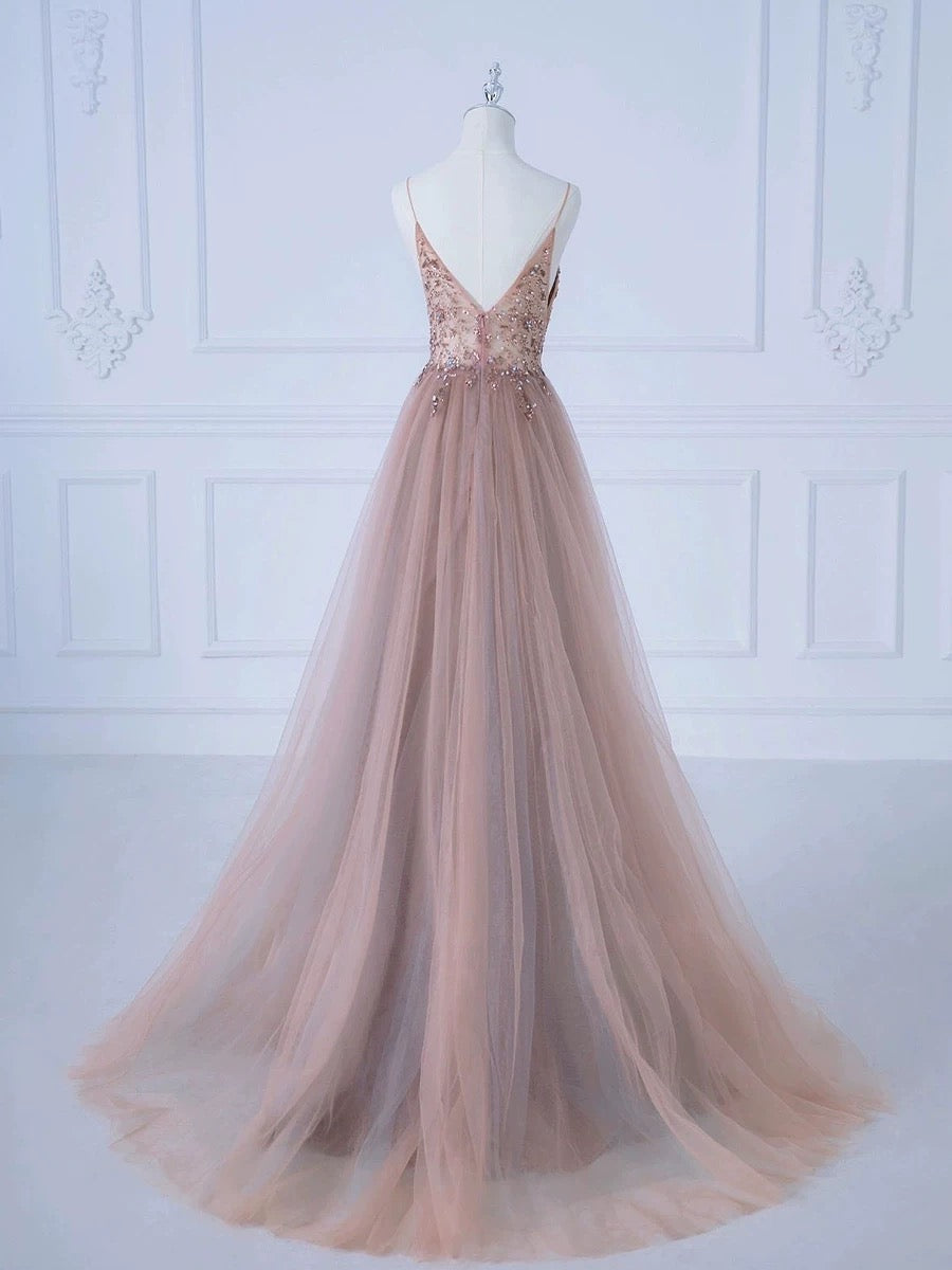 Pretty A line Spaghetti Straps Tulle Long Length Evening Dress Prom Dresses SD2783