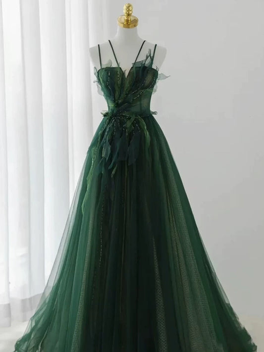 Pretty Ball Gown Spaghetti Straps Tulle Green Long Length Evening Dress Prom Dresses