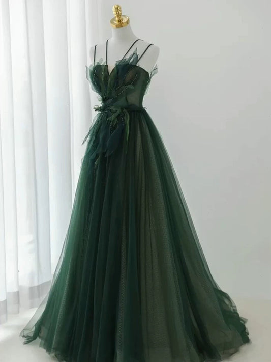 Pretty Ball Gown Spaghetti Straps Tulle Green Long Length Evening Dress Prom Dresses