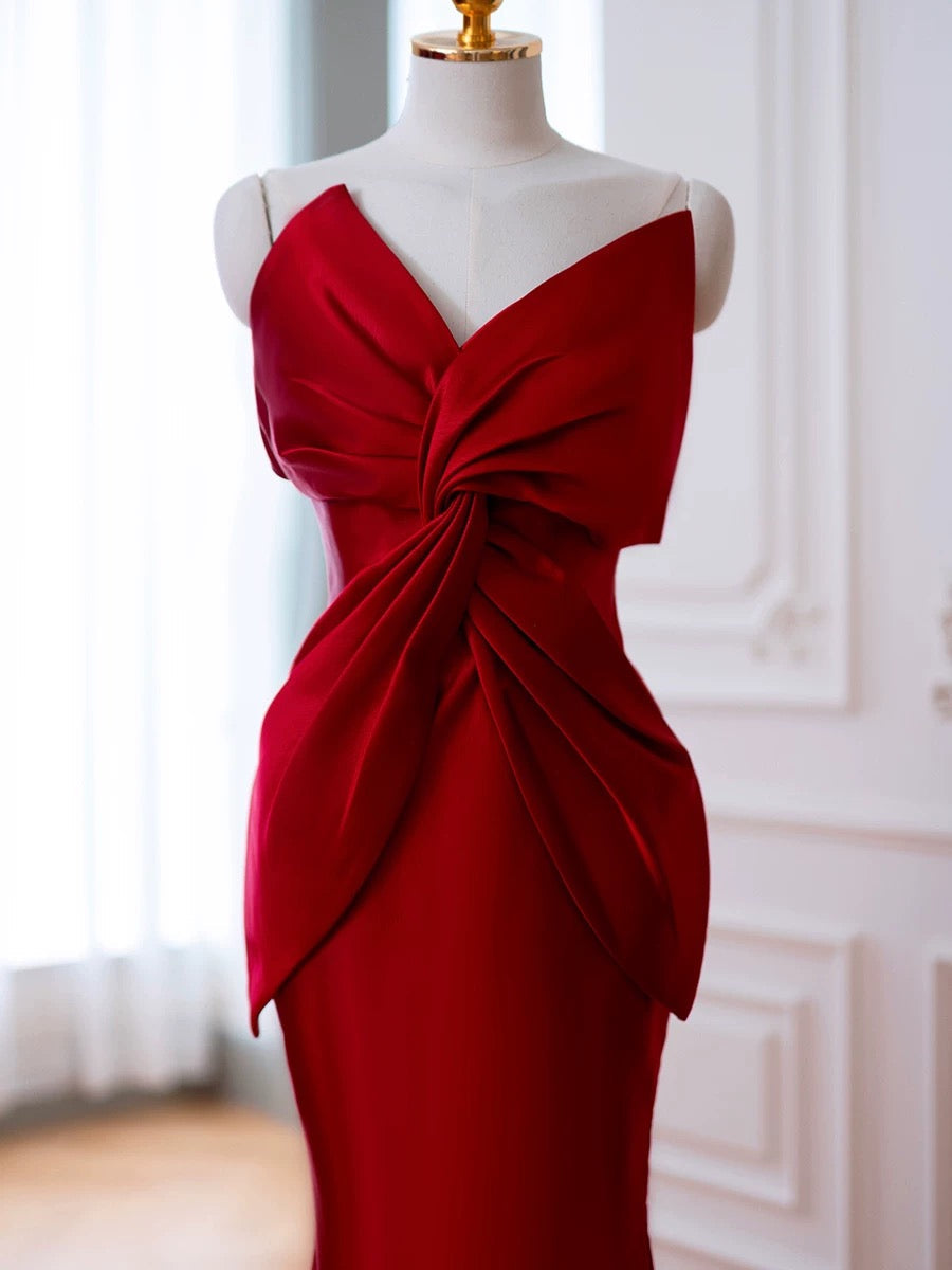Pretty Mermaid One Shoulder Red Satin Long Evening Dress Prom Dresses SD2791