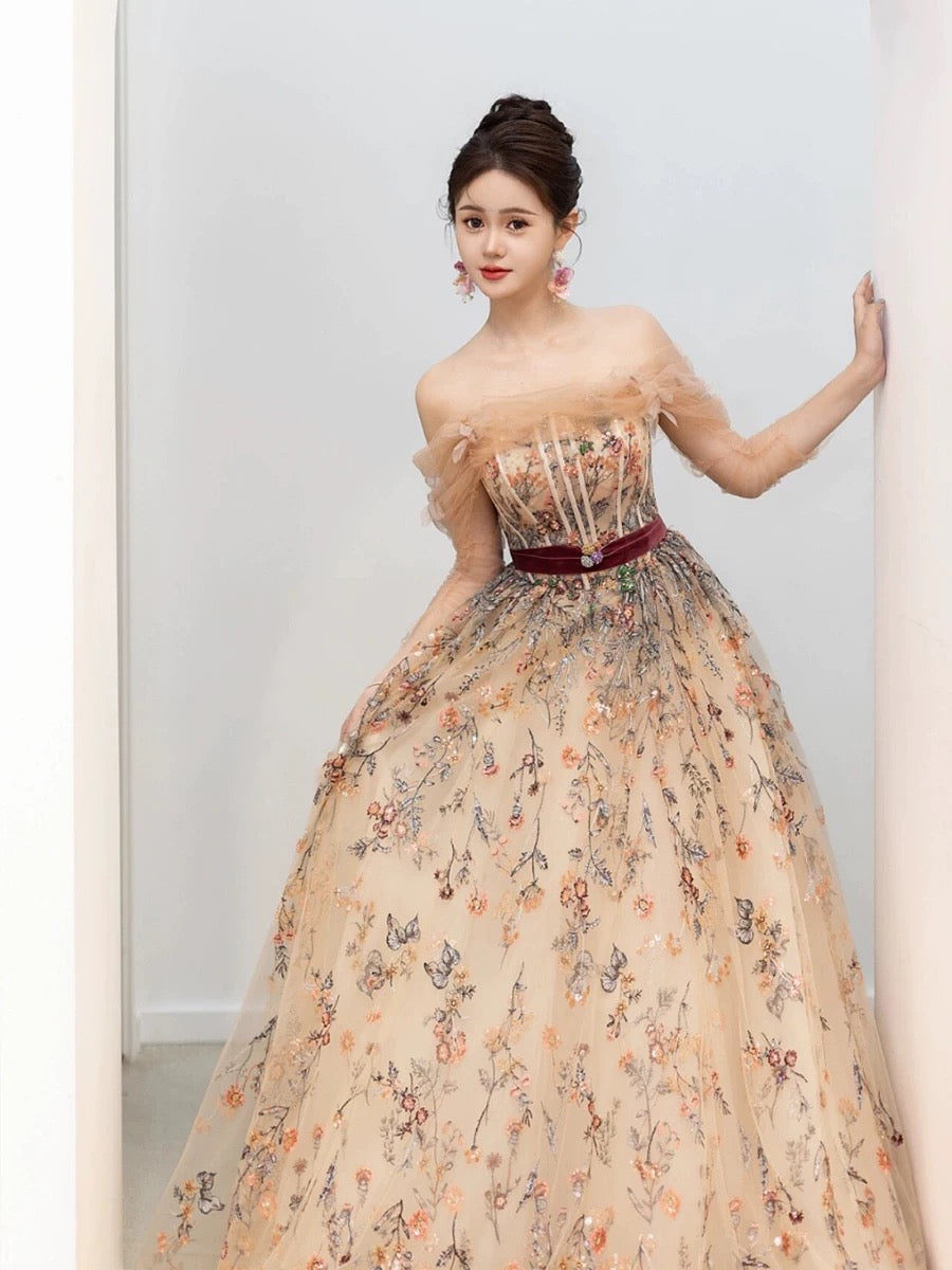 Pretty A Line Off The Shoulder Long Sleeves Floral Tulle Long Length Evening Dress Prom Dresses SD2792