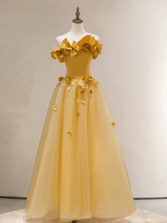 Modest A line Strapless Yellow Tulle Long Prom Dress Party Dress SD2795