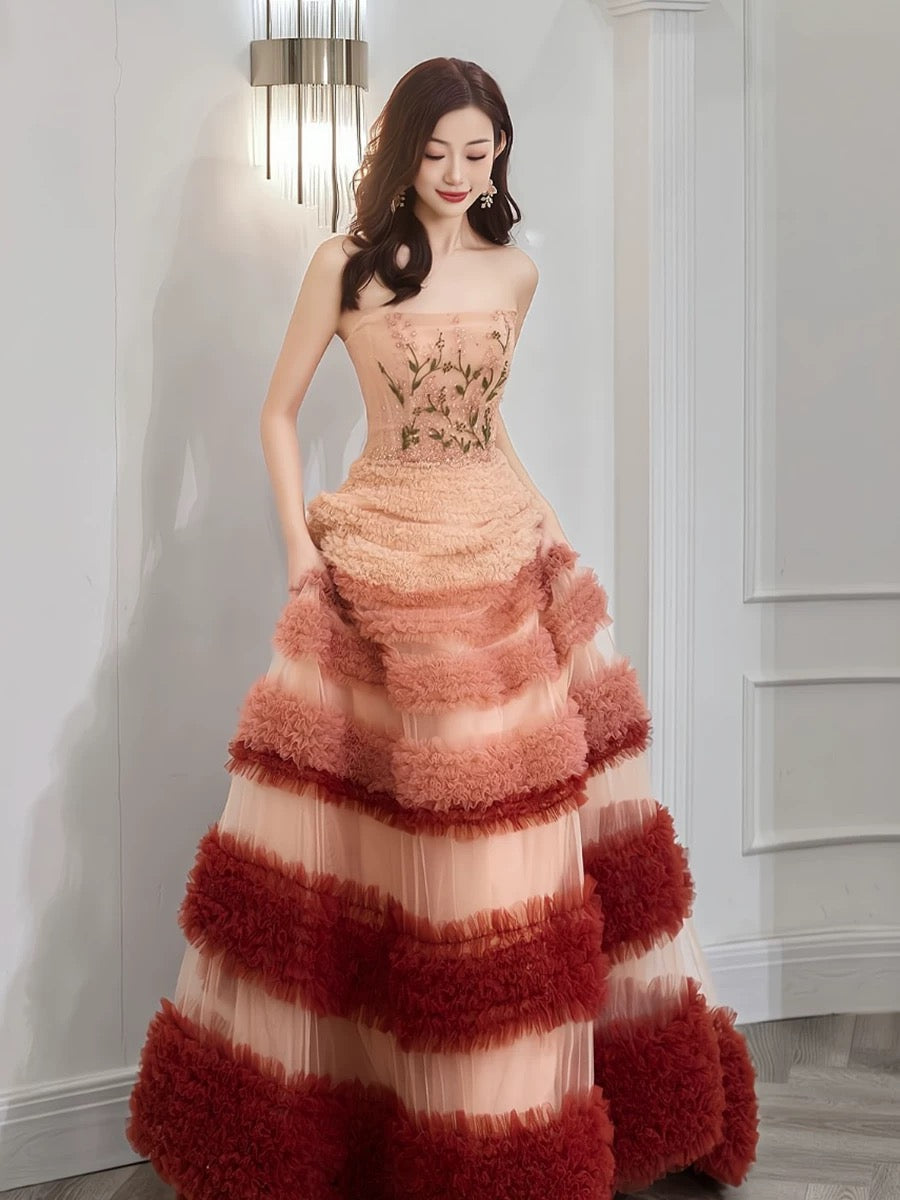 Gorgeous Balll Gown Strapless Tulle Pink Ruffles Long Evening Dress Prom Dresses