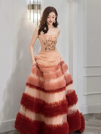 Gorgeous Balll Gown Strapless Tulle Pink Ruffles Long Evening Dress Prom Dresses