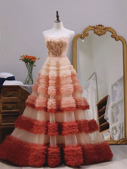 Gorgeous Balll Gown Strapless Tulle Pink Ruffles Long Evening Dress Prom Dresses