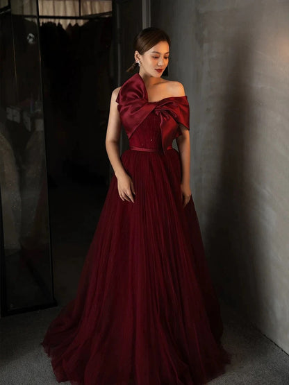 Vintage Ball Gown Strapless Burgundy Tulle Long Prom Gown Fairy Prom Dresses