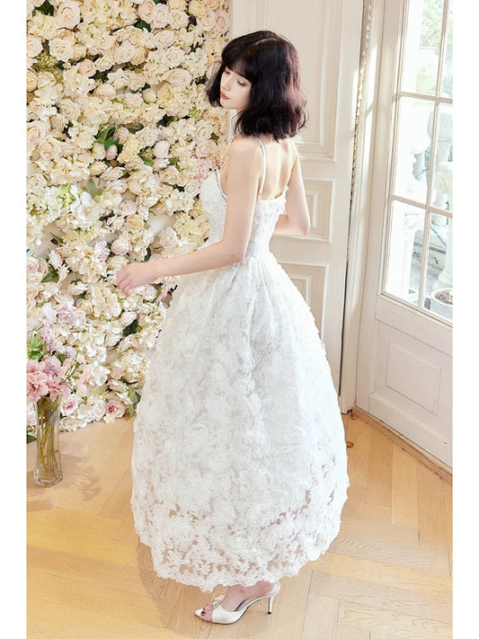 Pretty A Line Spaghetti Straps White Lace Long Length Evening Dress Prom Dresses SD2810