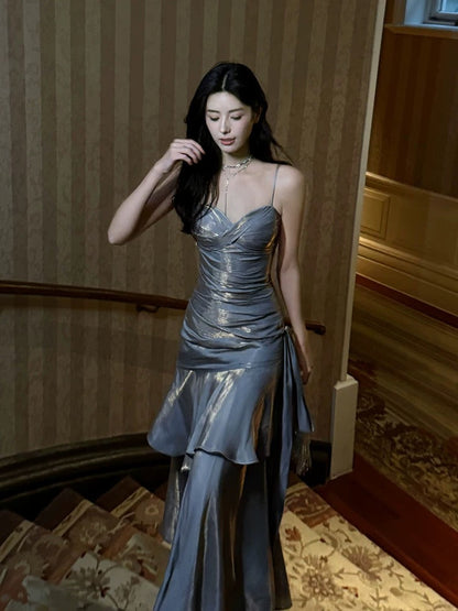 Retro Mermaid Spaghetti Straps Gray Long Length Evening Dress Prom Dresses SD2827