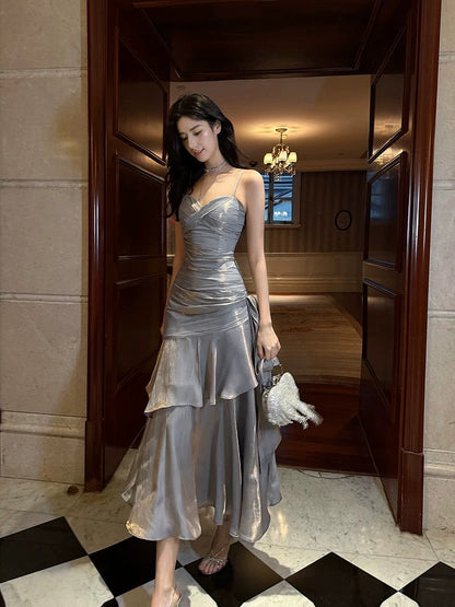 Retro Mermaid Spaghetti Straps Gray Long Length Evening Dress Prom Dresses SD2827