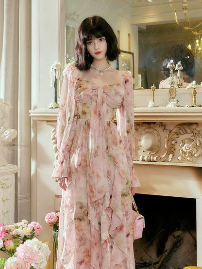 Pretty A Line Sweetheart Long Sleeves Pink Floral Chiffon Ankle Length Evening Dress Prom Dresses SD2830