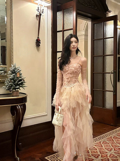 Pretty High Low Spaghetti Straps Tulle Pink Floral Ankle Length Evening Dress Prom Dresses SD2838