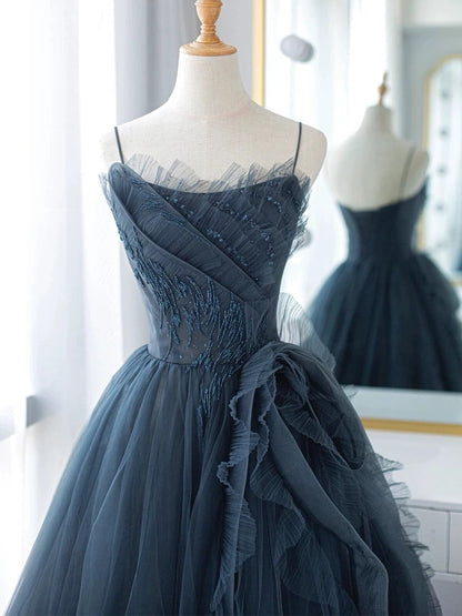 Sexy Ball Gown Spaghetti Straps Neckline Gray Tulle Evening Dress Prom Dresses