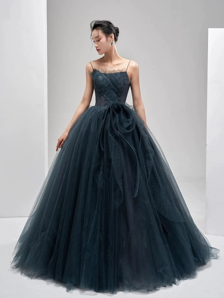 Sexy Ball Gown Spaghetti Straps Neckline Gray Tulle Evening Dress Prom Dresses