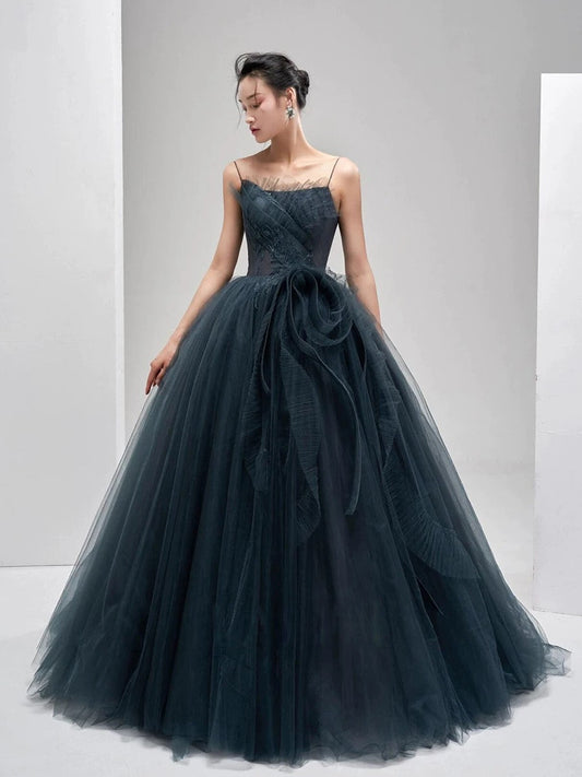 Sexy Ball Gown Spaghetti Straps Neckline Gray Tulle Evening Dress Prom Dresses